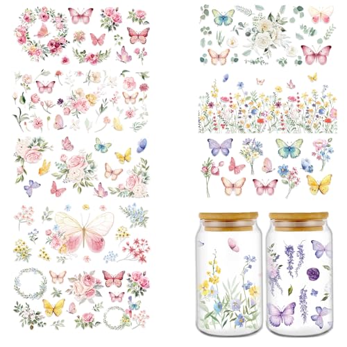 Rngmsi 10 Sheets Spring Flower UV DTF Cup Wrap for 16oz UV DTF Stickers | Wildflower Butterfly Uvdtf Decals, Floral Rub on Transfers, for Glass Cups DIY Crafts, Waterproof, 9.45x4.33 in - style: Spring Flower