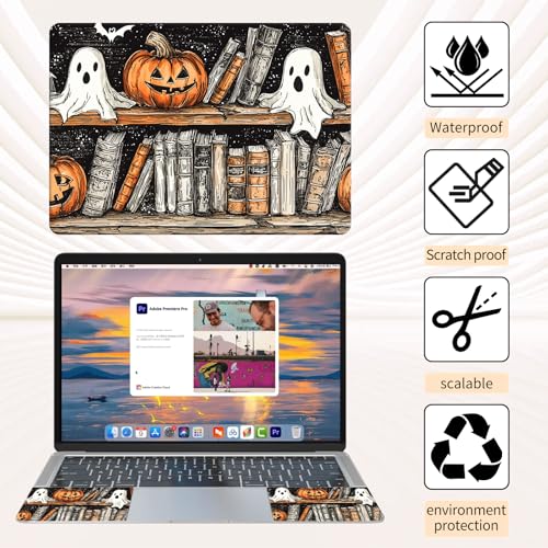 Laptop Skin Sticker 3-Piece Set,Bookshelves and Pumpkin | Trim-to-fit 3-piece vinyl set with one 15 x 10.6 in lid skin and two palm-rest decals for many 12-15.6 in laptops - color: Bookshelves And Pumpkin