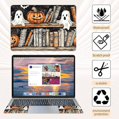 Laptop Skin Sticker 3-Piece Set,Bookshelves and Pumpkin | Trim-to-fit 3-piece vinyl set with one 15 x 10.6 in lid skin and two palm-rest decals for many 12-15.6 in laptops - color: Bookshelves And Pumpkin