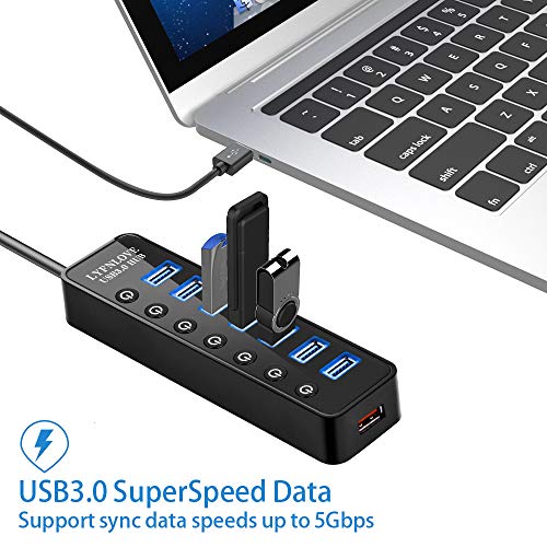Powered USB Hub 3.0 Extender, Multiple Port Hub Splitter for Laptop PC with Power Adapter and Charging Port, USB Expander with On/Off Switches for MacBook, iMac, Surface Pro