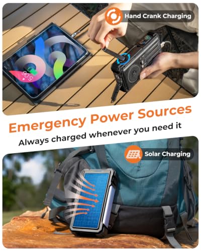 BLAVOR Solar Power Bank with Hand Crank and 4 Cables, 20000mAh Wireless Portable Charger with USB C & Camping Light, 20W Fast Charging Battery Pack for iPhone, iPad, Samsung, All Mobile Phones - color: Black