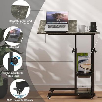 Hadulcet Adjustable C Table with Charging Station, Tiltable Desk C Shaped End Table for Couch, Over Bed Table with Wheels Adjustable Height, Laptop Stand Drawing Desk, Marble Grey - color: Marble Grey, style: Upgrade