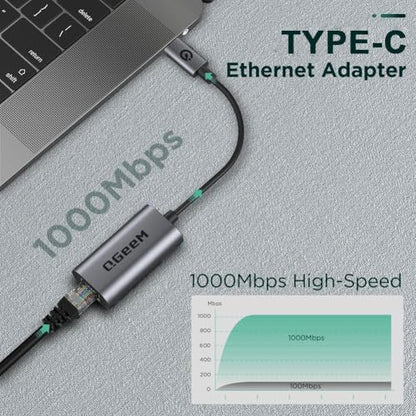 QGeeM USB C to Ethernet Adapter, 1000Mbps Gigabit RJ45 LAN Network Dongle, Thunderbolt 5/4/3 Compatible, Braided Nylon Aluminum Case for iPhone 17/16/15 Pro Max, MacBook Pro/Air M3/2, iPad, XPS - Gray - color: Classic Gray