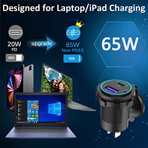 83W12V USB Outlet Qidoe 65W USB C for Laptop Car Charger Socket Quick Charge3.0 18W with Power Switch Long Body Waterproof Adapter for Car Boat Marine Truck Golf RV