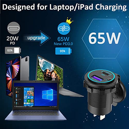 83W12V USB Outlet Qidoe 65W USB C for Laptop Car Charger Socket Quick Charge3.0 18W with Power Switch Long Body Waterproof Adapter for Car Boat Marine Truck Golf RV