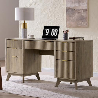 T4TREAM Fluted Executive Desk with Drawers, 60" Modern Home Office Computer Desk with Charging Station, File Cabinet, Keyboard Tray and Storage Cabinet for Study, Living Room, Bedroom, Alder Grey - color: Alder Grey