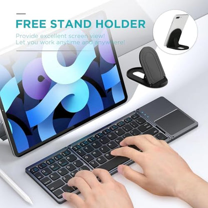 Foldable Bluetooth Keyboard with Touchpad - Portable Wireless Keyboard with Holder, Rechargeable Full Size Ultra Slim Pocket Folding Keyboards for Android Windows iOS Tablet & Laptop