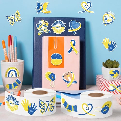 Down Syndrome Stickers Rolls - 1000 Pcs Down Syndrome Awareness Month Waterproof Vinyl Reusable Laptop Stickers Coloring Book Scrapbook Water Bottle Page Activity Pad Party Favors Skateboard - style: Down Syndrome Awareness Month