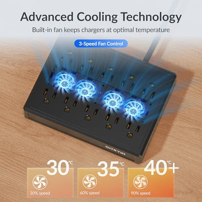 Laptop Charging Station, 140W, 4 * 65W Retractable USB C Chargers, 10 Type C Ports with Cooling Power Strip, 400W Charging Hub