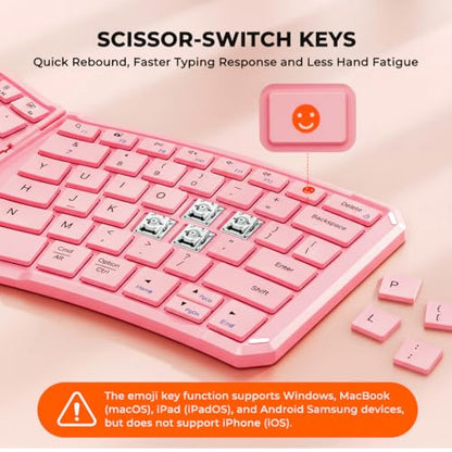 MEETION Foldable Ergonomic Bluetooth Keyboard, Split, Portable, Pink | Compact rechargeable folding keyboard with split ergonomic design, ideal for business travel, for Windows, Mac, iPad, Android - color: Pink