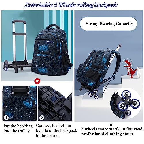 Mildame Galaxy Print Rolling Backpack for School Boys Girls with Lunch Bag Teens Bookbag with Wheels Kids Trolley Bag Set, Six Wheels - color: Blue Space Set-6 Wheels