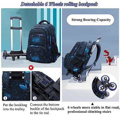 Mildame Galaxy Print Rolling Backpack for School Boys Girls with Lunch Bag Teens Bookbag with Wheels Kids Trolley Bag Set, Six Wheels - color: Black&Blue Starry Sky Set-6 Wheels