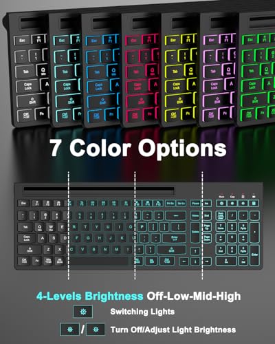 Wireless Keyboard and Mouse Combo, 7 Backlit Effects, Light Up Letters, Rechargeable, Phone Holder, 6 Button Mouse, Ergonomic Tilt Angle, 2.4GHz Silent USB Keyboard Mouse for Laptop, PC - color: Matte Black