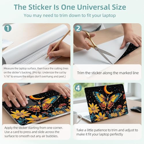 Universal Laptop Skin Decal, 3-Piece Vinyl Protector for 12 13 14 15.6" Notebook, Waterproof Anti-Scratch, Easy Trim & Bubble-Free Finish, Moonlit Butterfly Amongst Flowers - color: Moonlit Butterfly Amongst Flowers