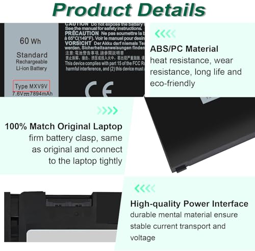 MXV9V Battery for Dell Latitude 5300 5310 7300 7400 E5300 E5310 E7300 E7400 Series, Latitude 5300 5310 2-in-1,for dell inspiron 7300/7306 2-in-1 Black Series P96G P97G P99G P100G 5VC2M 829MX 7.6V 60Wh - size: 9.3*4*0.25inch