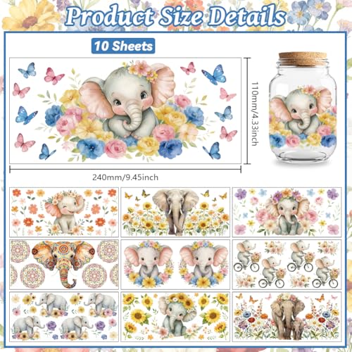 Peacoblue UV DTF Cup Wraps Transfer Stickers Elephant Pattern, 10 Sheets Waterproof Custom Vinyl Transfer Sticker 16oz Coffee Glass Cup Tumbler Bottle Mug Decals for Men Women - style: Elephant
