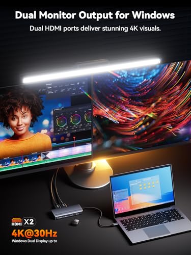 QUUGE Dual Monitor Docking Station, 7 in 1 USB C Hub, 100W for Windows PC | 2 HDMI 4K output, 100W PD input, 5Gbps data transfer, Windows laptop setup, desktop workspace, for travel and hybrid work