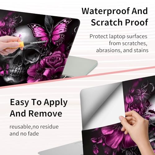 15.6 Inch Laptop Skin Sticker, Reusable Vinyl Cover Protector with 2 Wrist Pad Skins, Removable Waterproof Scratch-Resistant for 12-15.6 Inch Laptop Notebook,Skull Flowers Purple Butterflies - color: Skull Flowers Purple Butterflies