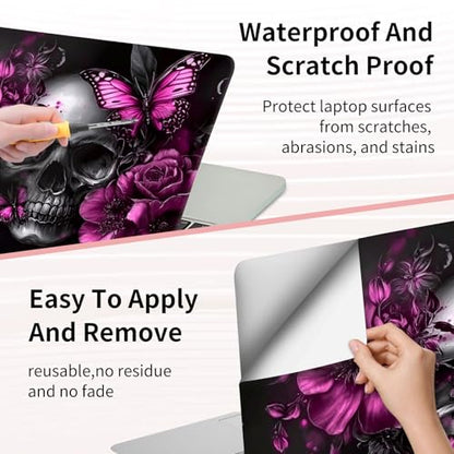 15.6 Inch Laptop Skin Sticker, Reusable Vinyl Cover Protector with 2 Wrist Pad Skins, Removable Waterproof Scratch-Resistant for 12-15.6 Inch Laptop Notebook,Skull Flowers Purple Butterflies - color: Skull Flowers Purple Butterflies