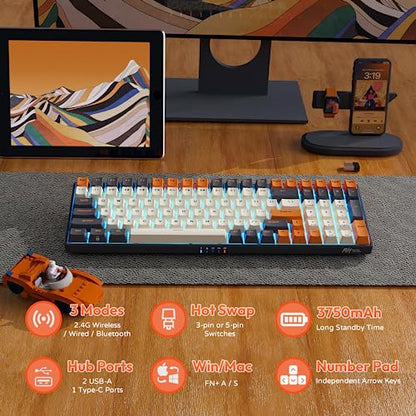 RK ROYAL KLUDGE RK100 Wireless Mechanical Keyboard RGB Backlit Bluetooth5.1/2.4G/Wired 96% Full Size 100-Key Hot Swappable Gaming Keyboard Brown Switch Carbon - color: Carbon, size: Hot Swappable Brown Switch