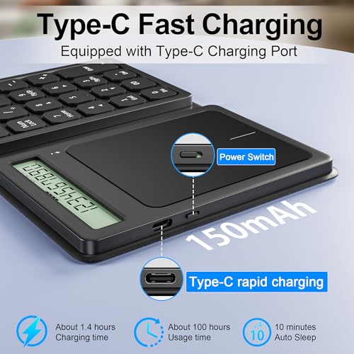 Bluetooth Number Pad, Foldable 2.4G Wireless Numeric Keypad with Display Calculator & Touchpad, Wireless Number Pad Slim 23 Keys Portable Financial Accounting Numpad Keyboard for PC Laptop Desktop