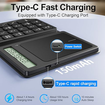 Bluetooth Number Pad, Foldable 2.4G Wireless Numeric Keypad with Display Calculator & Touchpad, Wireless Number Pad Slim 23 Keys Portable Financial Accounting Numpad Keyboard for PC Laptop Desktop