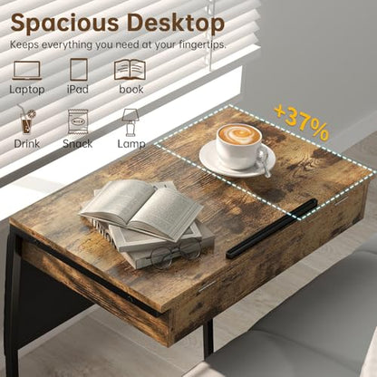 Hadulcet TV Tray Table for Eating on Couch, Tiltable 0-52°, Hidden Storage | Laptop Desk for Couch with Storage & Charging Station, TV Dinner Trays for Small Spaces, C Shaped End Table, Rustic Brown - size: 28.5"