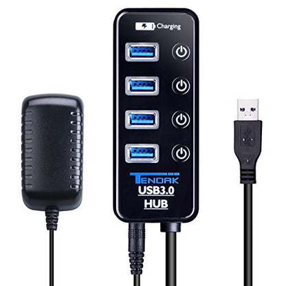 USB Hub with 4 USB 3.0 Data Ports + 1 USB Smart Charging Port | 5 Ports USB 3.0 Hub with Power Supply, Individual On/Off Port Switches for MacBook, Mac Pro, Hard Drive and More