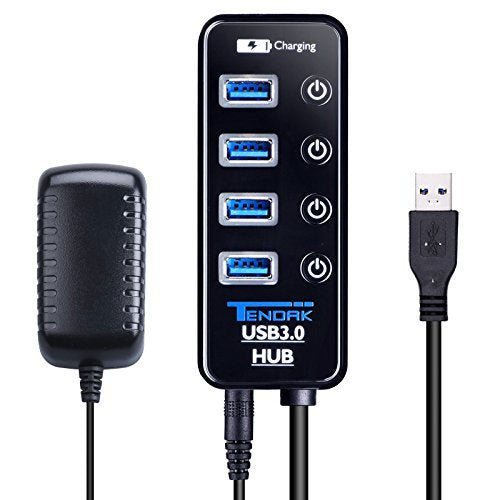 USB Hub with 4 USB 3.0 Data Ports + 1 USB Smart Charging Port | 5 Ports USB 3.0 Hub with Power Supply, Individual On/Off Port Switches for MacBook, Mac Pro, Hard Drive and More