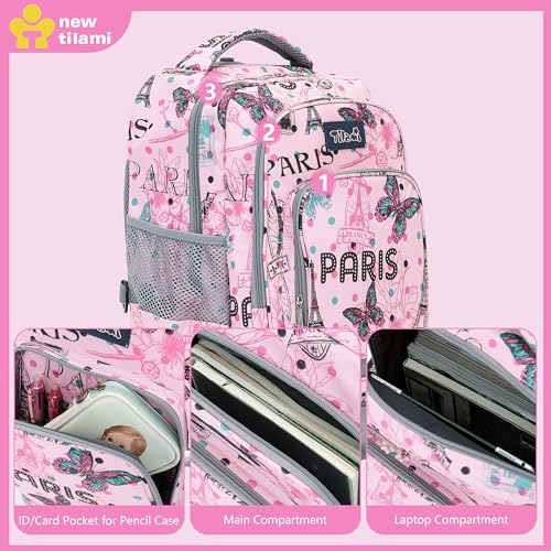 NEW TILAMI Rolling Backpack for Kids 18 Inch Wheeled Laptop Backpack Kids School Travel - color: Pink Paris