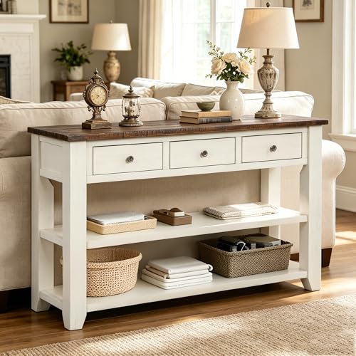 48’’ Modern Farmhouse Wood Entryway Console Table w/Storage, Antique White | 3-Tier Sofa Table Behind Couch, 3 Drawers, 2 Open Shelves, Easy Assembly, for Living Room, Dining, Hallway - color: Antique White