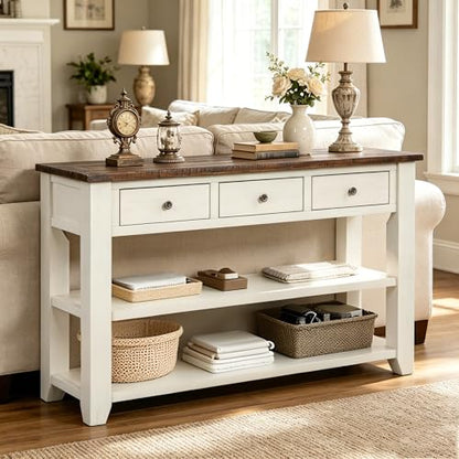 48’’ Modern Farmhouse Wood Entryway Console Table w/Storage, Antique White | 3-Tier Sofa Table Behind Couch, 3 Drawers, 2 Open Shelves, Easy Assembly, for Living Room, Dining, Hallway - color: Antique White