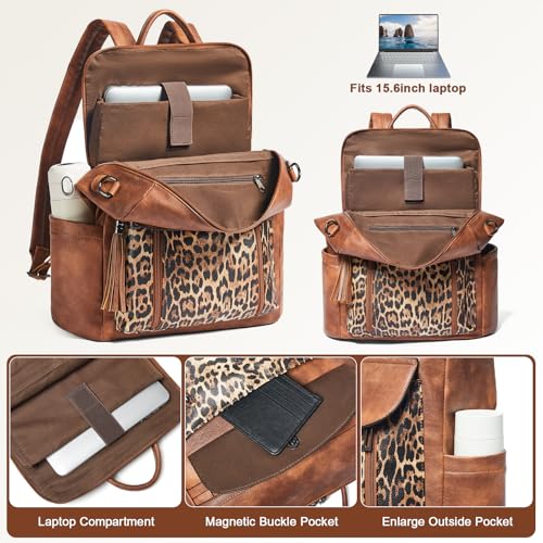 Laptop Backpack for Women 15.6 inch,Travel Leather Backpack Purse Nurse Teacher Carry on Backpack Computer Bag,Professional Water-Resistant College Business Work Casual Daypack,Two-tone Maroon - color: Brown With Leopard