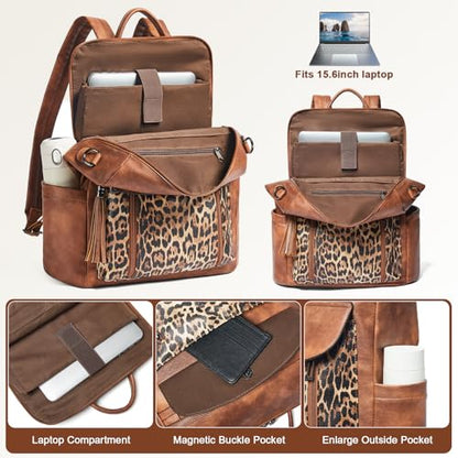 Laptop Backpack for Women 15.6 inch,Travel Leather Backpack Purse Nurse Teacher Carry on Backpack Computer Bag,Professional Water-Resistant College Business Work Casual Daypack,Two-tone Maroon - color: Brown With Leopard