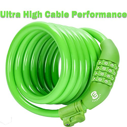 Etronic Bike Lock M6, Cable Lock 6 Feet Long Coiled Security Resettable Combo Combination Lock Bicycle Lock with Mounting Bracket - color: Green