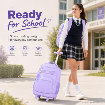 3Pcs Rolling Backpack for Girls Women, 19 Inche School Roller Backpacks with Wheels, Adults Wheeled Bookbag with Lunch Box(Purple) - color: Classic Purple