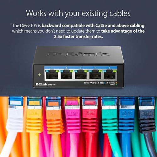 D-Link 5-Port 2.5GB Unmanaged Gaming Switch with 5 x 2.5G - Multi-Gig, Network, Fanless, Plug & Play (DMS-105),Black - size: 5 Port Multi-Gig 2.5Gb