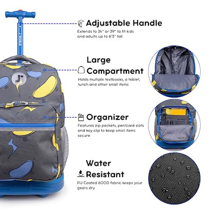 J World Sunrise Kids Rolling Backpack with Wheels for Girls Boys, Roller Bookbag for School, 18 x 13 x 9 Inches, Liteboard - color: Lightboard