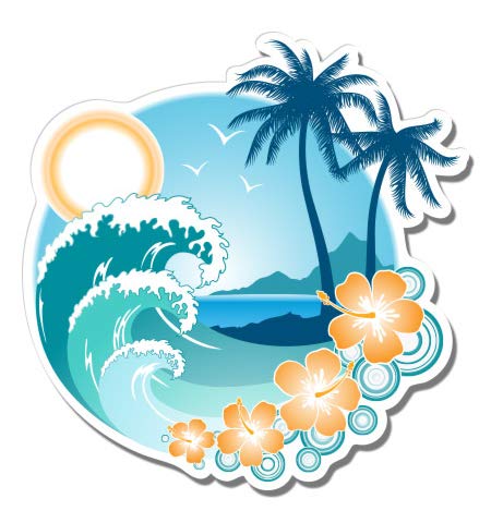 Tropical Ocean Beach Waves Palm Tree Vacation - 5" Vinyl Sticker - for Car Laptop I-Pad - Waterproof Decal - size: 5"