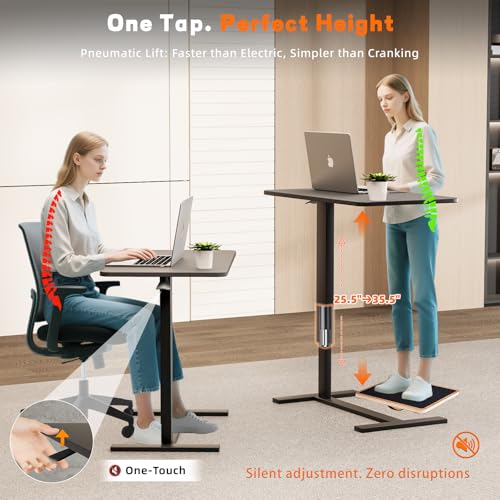 Adjustable Overbed Table with Wheels, Medical Bedside Table, Black | Alloy steel frame, 31.1"x15.3" walnut top, hydraulic 25.6-37.1", 50lb cap, C-base fits under bed, easy-clean, quiet casters - color: Black