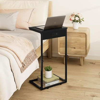 C Shaped End Table with Charging Station, Adjustable Height Side Table for Couch,Small Side Table Small Spaces, 33.2'' Tall Couch Tables that Slide Under, Tv Tray Table for Living Room, Black - color: Black (1 Pack), style: With Plug