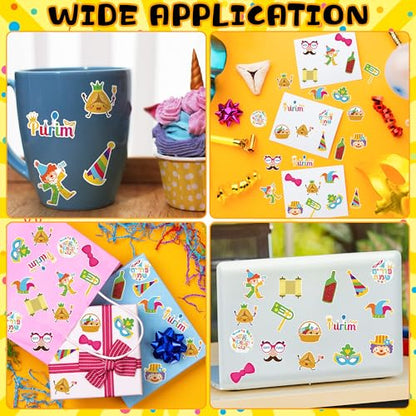 CNhoqc Happy Purim Sticker Roll - 1000 Pcs Cartoon Chag Purim Sameach Hamantaschen Gragger Waterproof Vinyl Reusable Laptop Stickers Coloring Book Scrapbook Water Bottle Page Activity Pad Party Favors - style: Cartoon Happy Purim