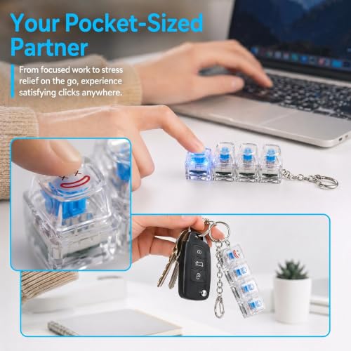 Keyboard Fidget Keychain, LED Clicker Fidget Toy, Sensory Stress Relief,2-Pack 4-Key Mechanical Switches, Crystal Rounded Keycaps, Adjustable LED Glow, DIY Stickers & Spare Keycaps Included