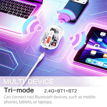 FMOUSE Cute Transparent Mouse, Tri-Mode Wireless, Rechargeable, White | USB-A & USB-C Receivers | 2.4G & Dual Bluetooth | Cat Figurine | Silent Click | RGB | For MAC, iPad, Laptop - color: White