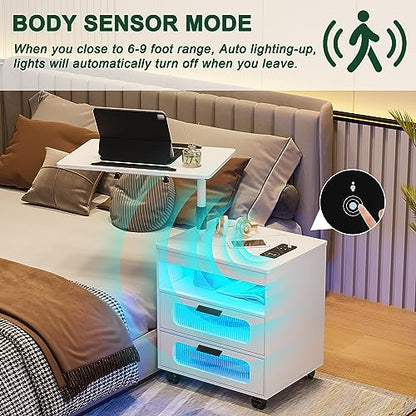 HNEBC LED Nightstand Set of 2 with Charging Station & Adjustable Overbed Desk, 3 Color LED Lights & Body Sensor, Mobile Bedside Table with Wheels, 2 Drawers & Open Shelf for Bedroom(White) - color: 9603-2-white
