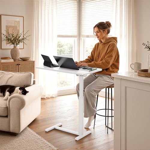 Mobile Standing Desk Adjustable Overbed Table, Pneumatic Height Adjustable Rolling Laptop Desk with Hidden Wheels, 0-180°Tilt Top Rolling Computer Cart Foldable for Home Office, Craft & Study, White