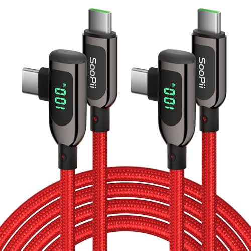 SOOPII 100W Right Angle USB C to USB C Cable,2Pack 10FT Zinc Alloy Case Nylon Braided Type-C Cable with LED Display for iPhone 17/16,lPad Air/Pro,MacBook Pro,Samsung S23/S22/S10,Pixel,LG,Red - color: Red, size: 2-Pack 10 ft