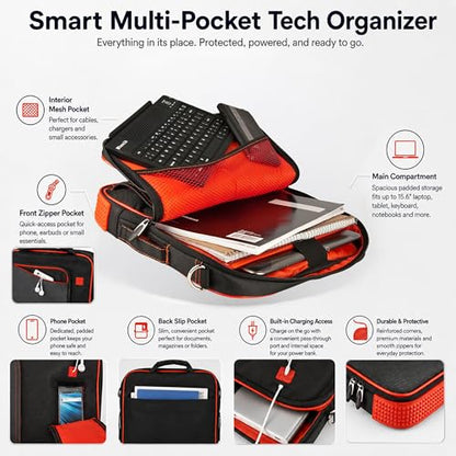 15.6 Inch Laptop Briefcase Shoulder Bag, Water Resistant Nylon Messenger Bag, Padded Compartment, Trolley Strap - color: Red