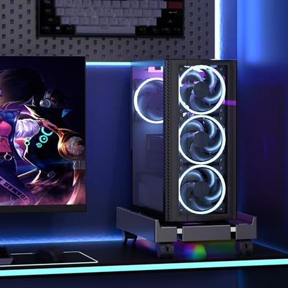 Adjustable Computer Tower Stand with Cooler Fan and Light, PC Stand for Floor, Mobile CPU Holder with 4 Caster Wheels Fits Most PC Tower, Under Desk CPU Holder for Office,Gamers and Students - style: With Fan