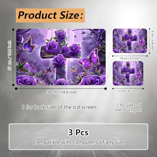 12.1”-15.6” Laptop Skin Sticker (Fits 13”, 13.3”, 14”, 15”, 15.4”) | Reusable Universal Protective Vinyl Art Decal Cover | Waterproof & Scratch-Resistant |Cross with Purple Rose Butterflies - color: Cross with Purple Rose Butterflies